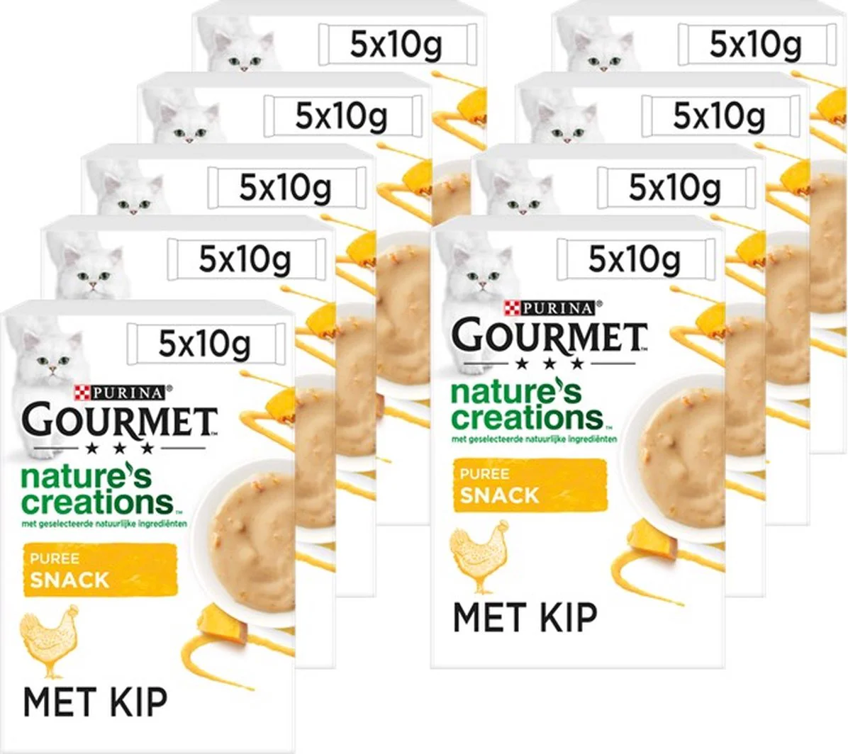 11x Gourmet Nature's Creations Kattensnack Puree Kip Pompoen 5 x 10 gr