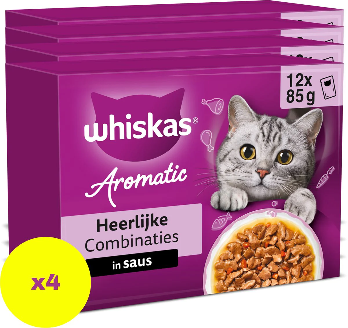 4x Whiskas Kattenvoer Nat Aromatic Adult 1+ Selectie Multipack 12x85 gr