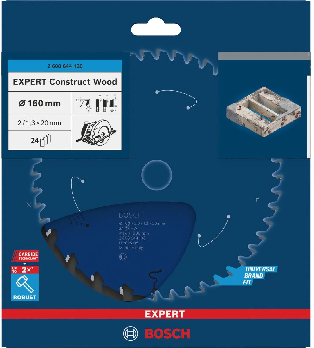 Bosch Professional Cirkelzaagblad EXPERT Construct Wood | Ø 160 x 2,0 x 20mm 24T - 2608644136