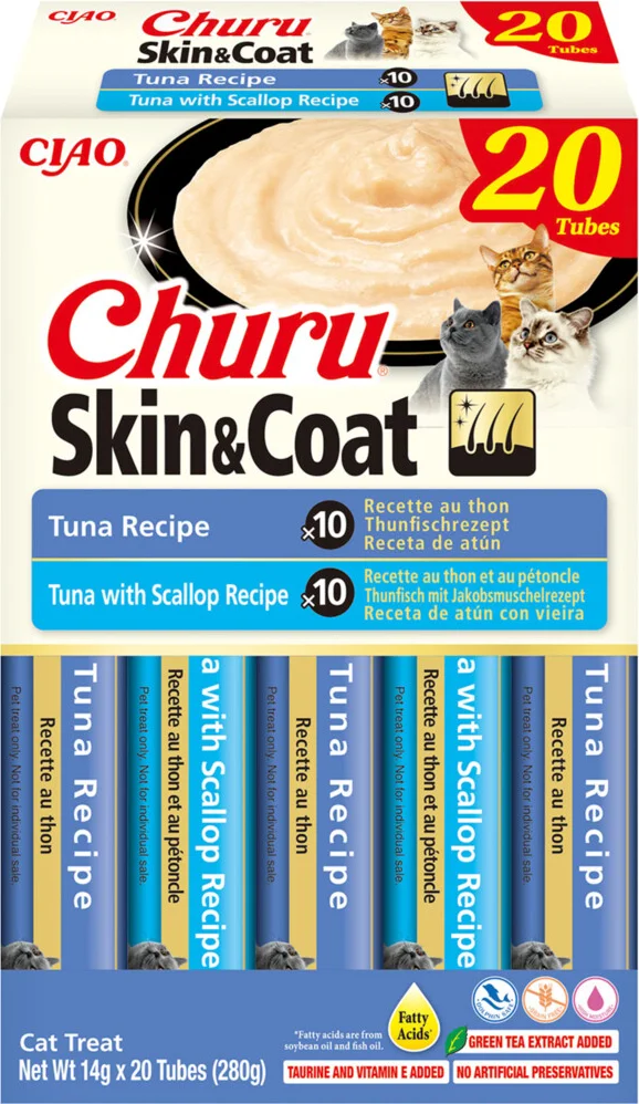 Ciao Churu Puree Skin & Coat Kattensnack Multipack Tuni & Scallop 20 x 14 gr