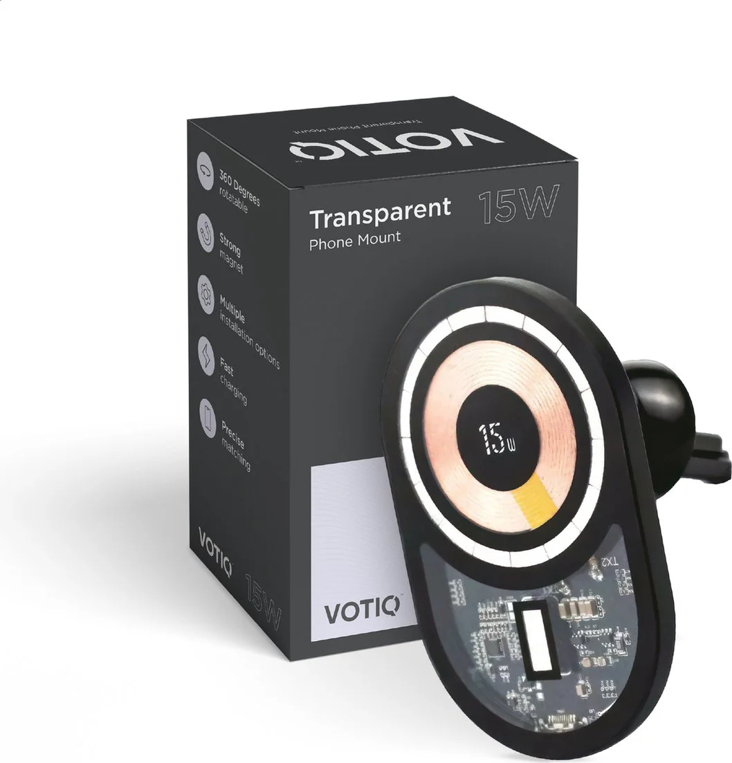 VOTIQ® Autohouder doorzichtig ventilatierooster oplader geschikt voor - MagSafe Apple iPhone 12/13/14/15 Pro/Max/Mini/PLUS QI 15W - Zwart