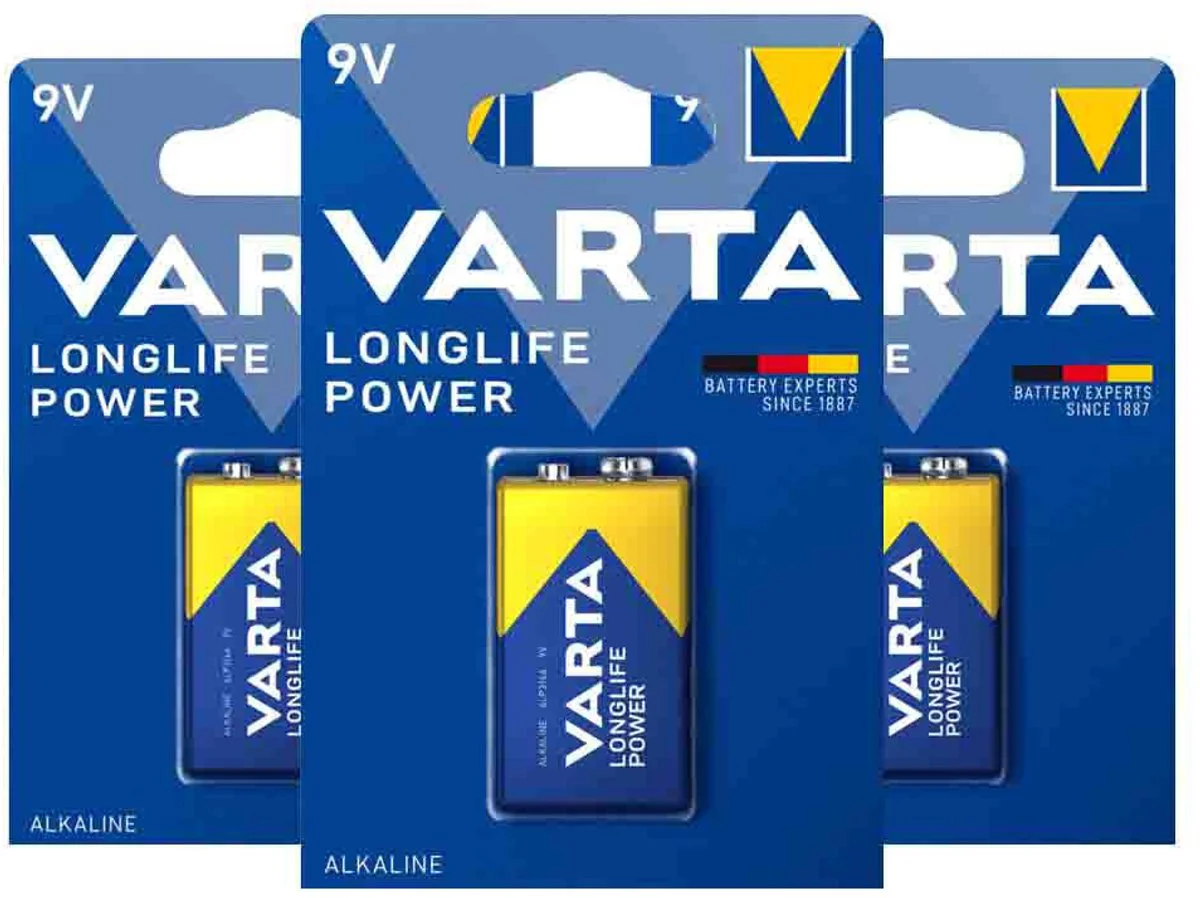 3x Varta Longlife Power Alkaline Batterijen 9V 565 mAh