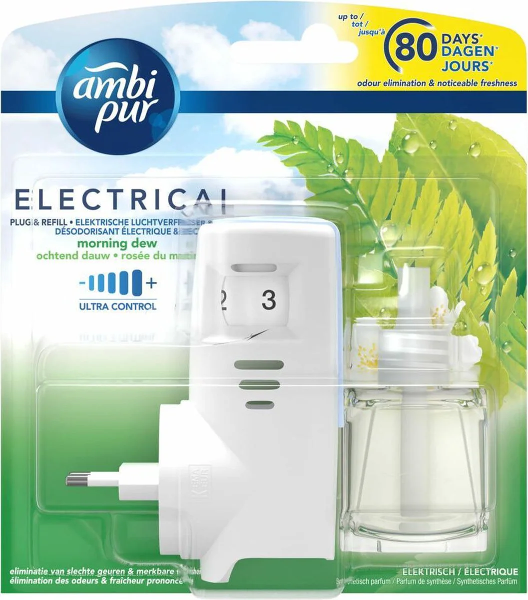 6x Ambi Pur Elektrische Geurverspreiders 1 compartiment Starterkit + Navulling Morning Dew 20 ml