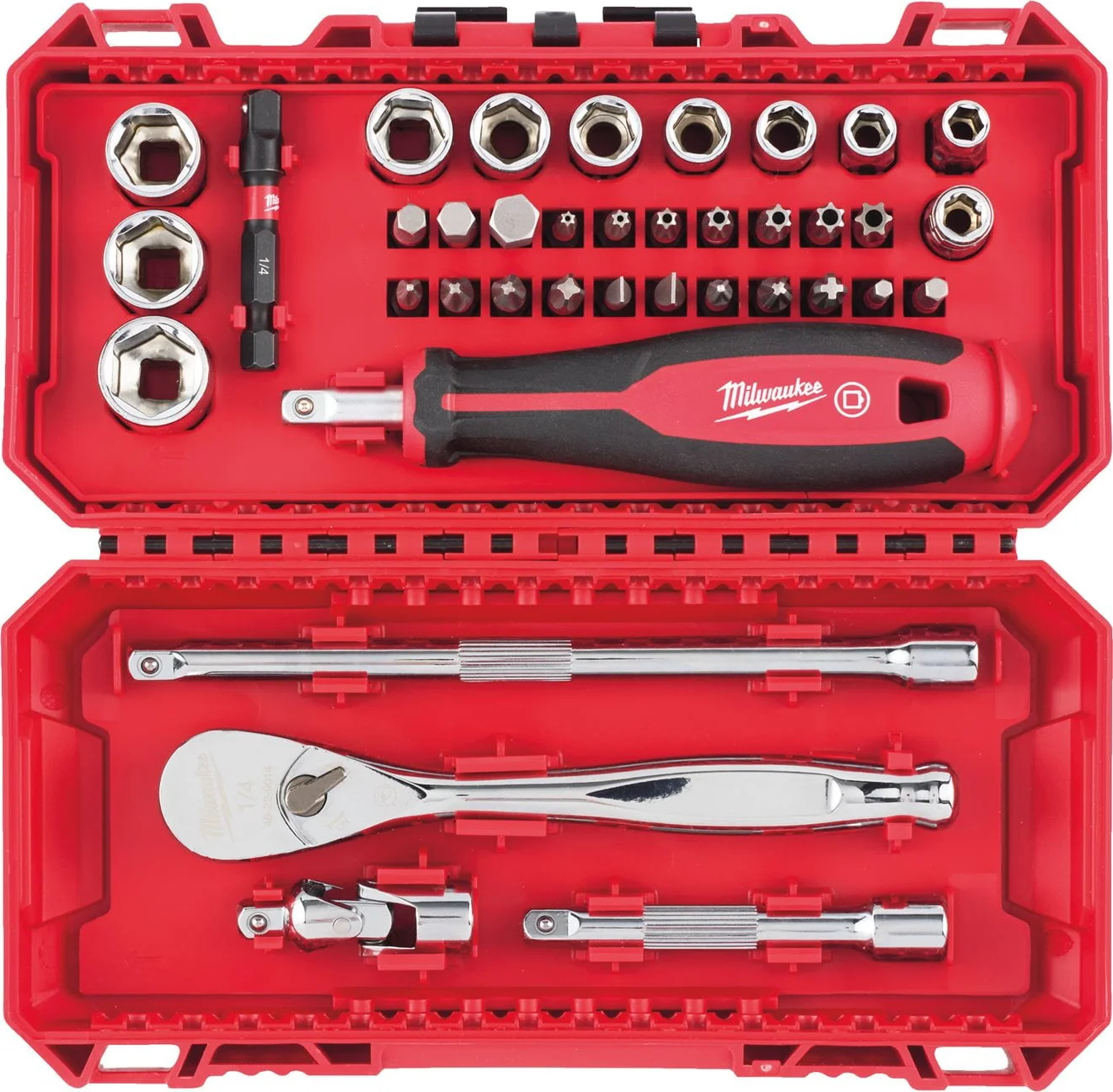 Milwaukee Doppen- en ratelset FOUR FLAT 1/4" in PACKOUT™ Ready Box (38-delig) - 4932498381