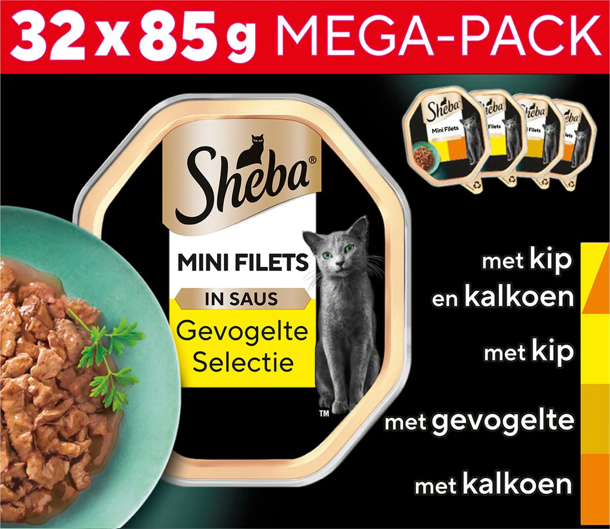 Sheba Mini Filets Kattenvoer Natvoer Gevogelte in Saus Mega Pack Kuipjes 32 x 85 gr