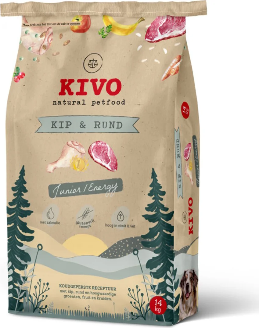 Kivo Hondenvoer Droog Energy Junior Kip & Rund Glutenvrij 14 kg