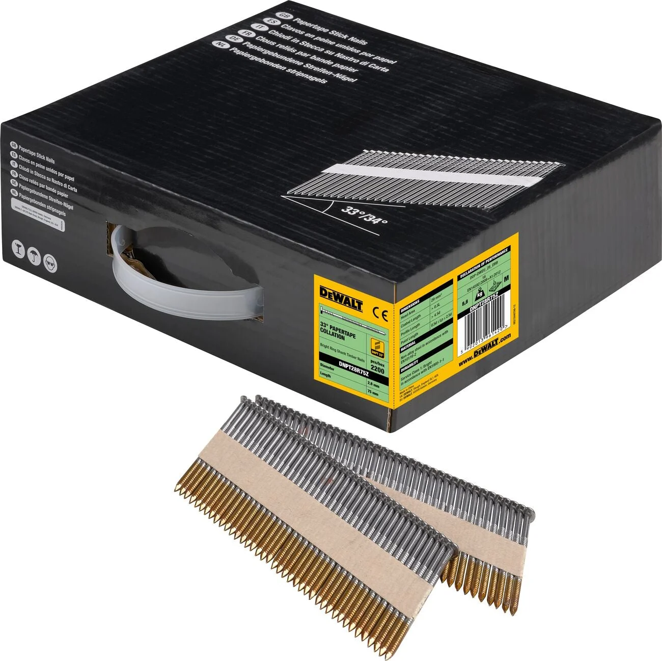 DeWALT DNPT28R75Z 33º Papiergebonden Spijkers 2.8x75mm Helder / Geringd VE=2200