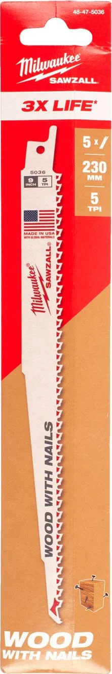 Milwaukee Reciprozaagblad hout Thin Kerf 230 mm 5-Tpi VE=5 - 48475036