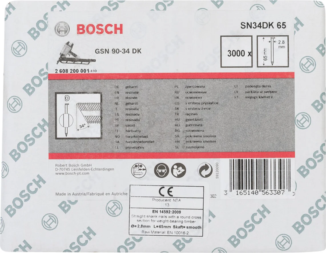 Bosch Professional PRO SN34CH D-kop nagel 65 mm | 34° | Glad | Blank | 2,8 x 7,0 (D-vorm) | 3000 stuks - 2608200001