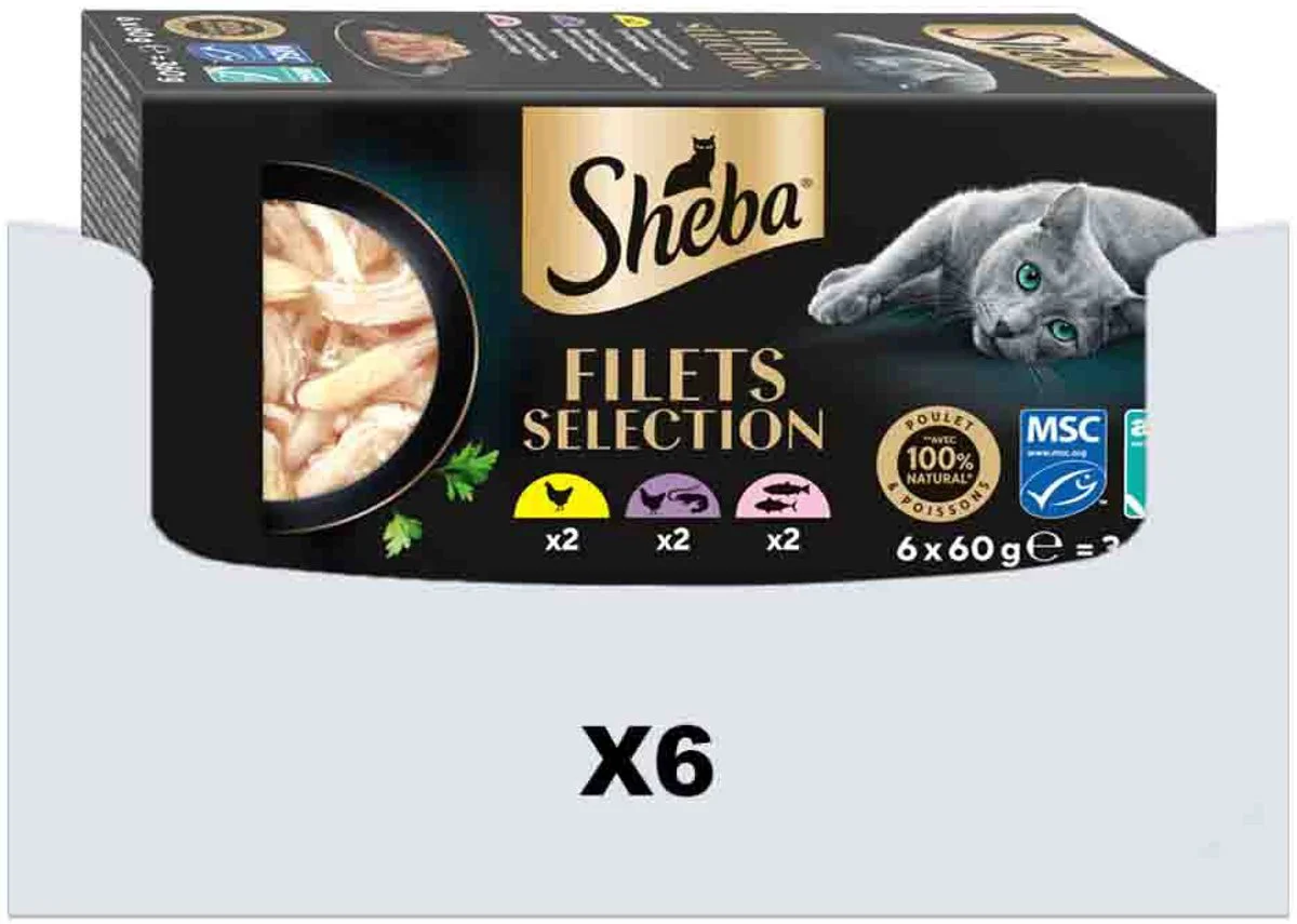 6x Sheba Kattenvoer Nat Filets Kip & Zalm in Saus Multipack 6x60 gr