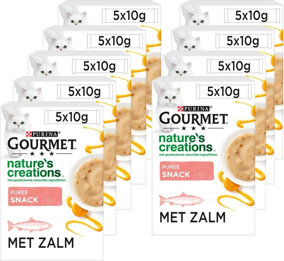 11x Gourmet Nature's Creations Kattensnack Puree Zalm Wortel 5 x 10 gr
