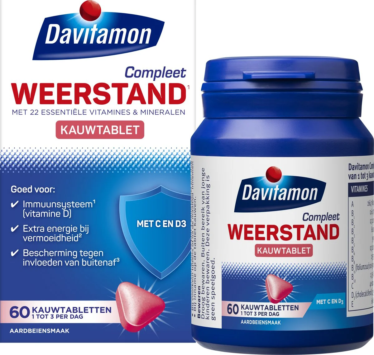 Davitamon Compleet Weerstand Kauwvitamines Aardbei 60 kauwtabletten