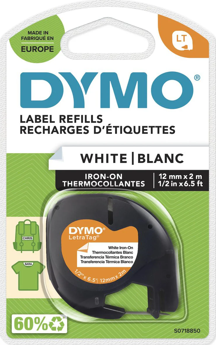 DYMO LetraTag Lettertape 12mm x 2m Opstrijkbaar Zwart Wit