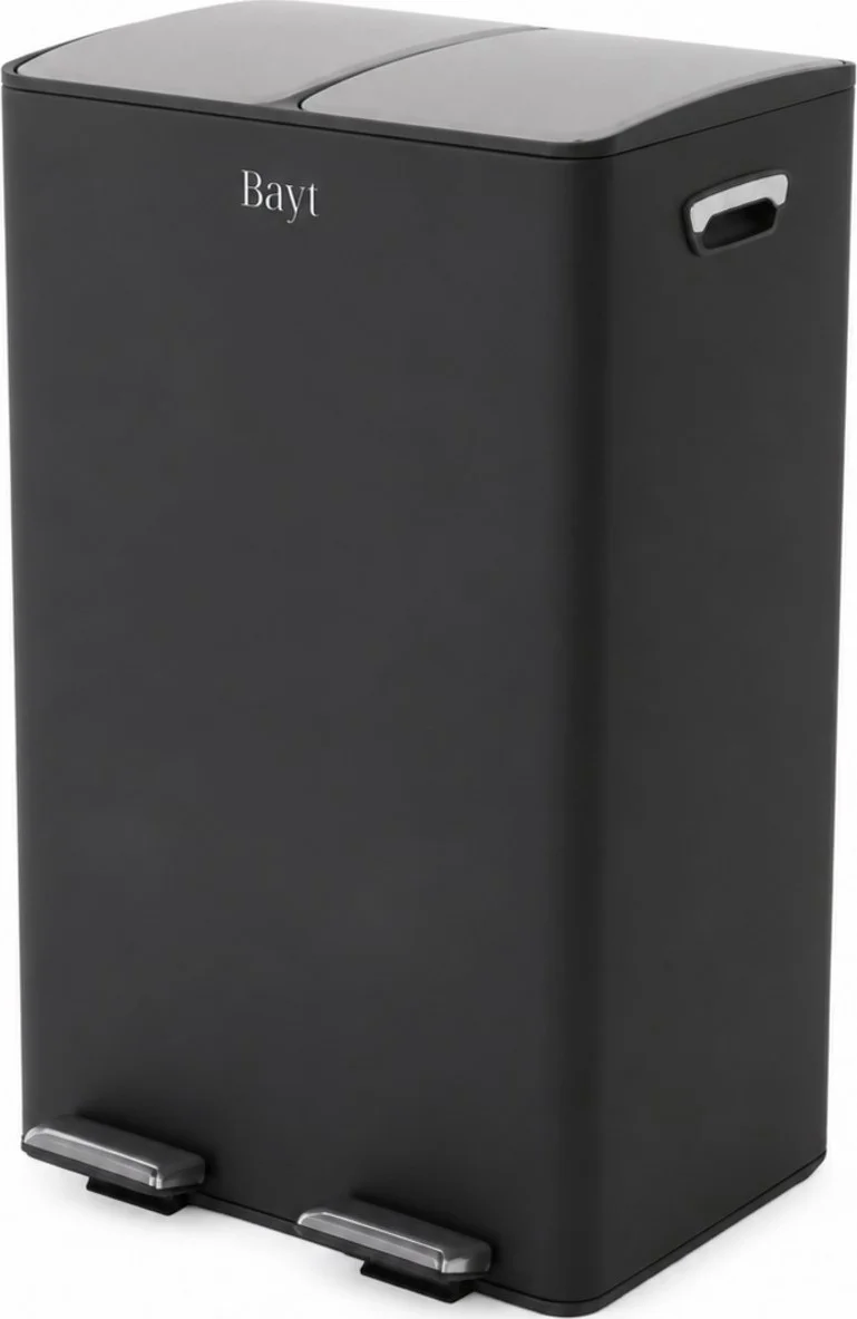 Bayt Prullenbak - Prullenbak 60 Liter (2x30) - Vuilnisbak 60 Liter - Pedaalemmer 60 Liter - Prullenbak Afvalscheiding - Prullenbak 2 Vakken - Afvalbak - RVS - Zwart/Zilver