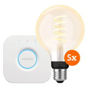 Philips Hue Filament White Ambiance Globe 5-Pack + Bridge