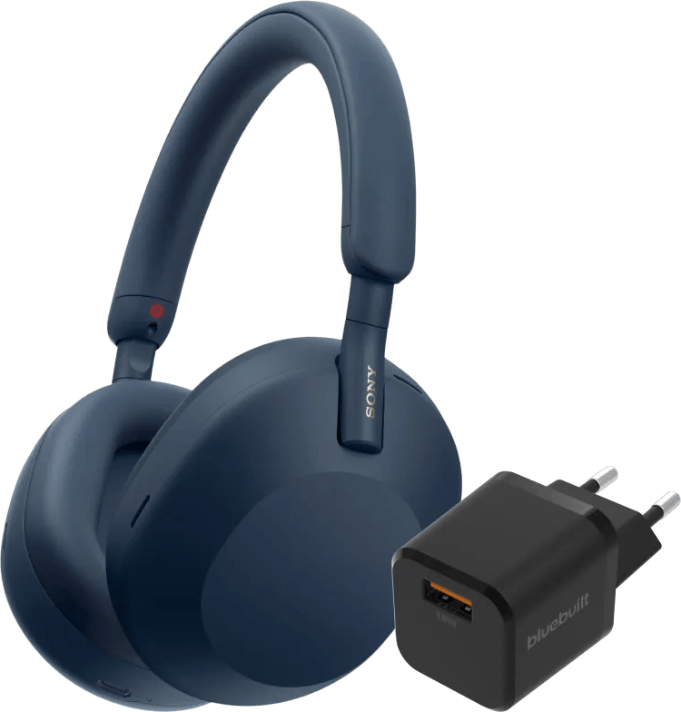 Sony WH-1000XM5 Blauw + BlueBuilt Quick Charge Oplader met Usb A Poort 18W Zwart
