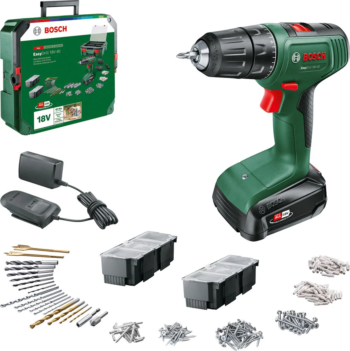 Bosch EasyDrill 18V-40 - Accu Schroefboormachine - Inclusief 1x 18V (1.5 Ah) Accu - Lader - 241 delige accessoire set
