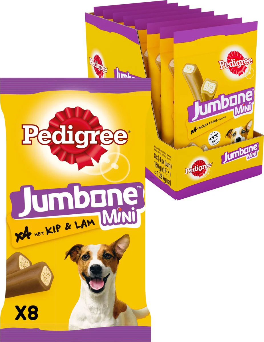 8x Pedigree Jumbstone Hondensnacks Mini Kip & Lam 160 gr