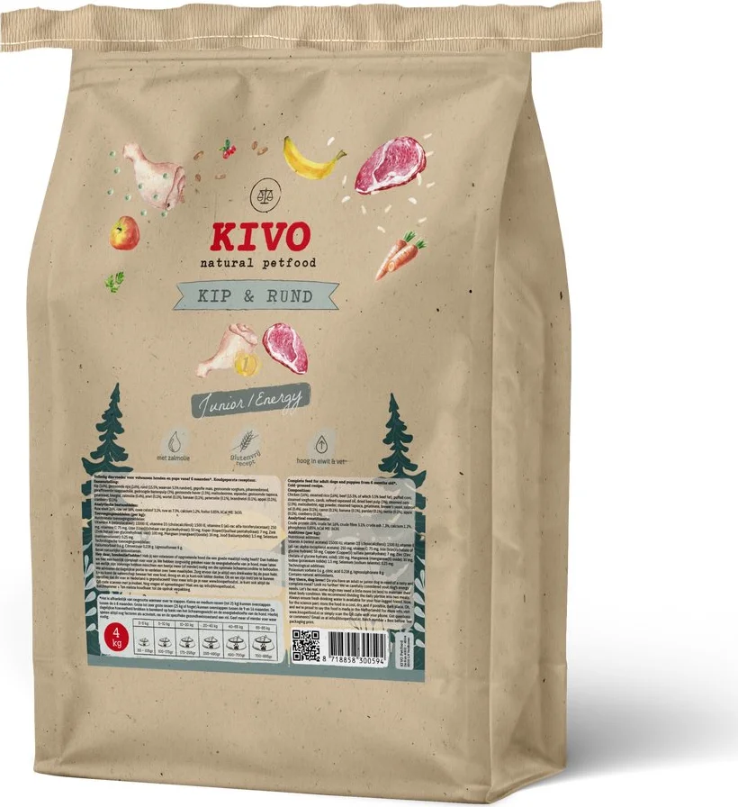 Kivo Hondenvoer Droog Kip & Rund Junior/Energy Glutenvrij 4 kg