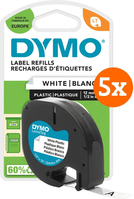 DYMO LetraTag 12mm x 4m Zwart Wit Labels 5-pack