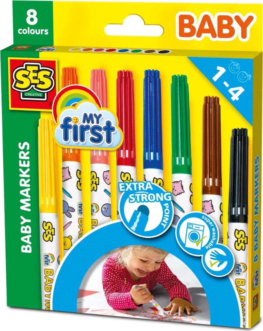 SES Creative My First Baby Markers - 8 Kleuren met Stevige Grip - Vanaf 1 Jaar - Baby Speelgoed - Goed Uitwasbaar - Schoencadeautjes Sinterklaas