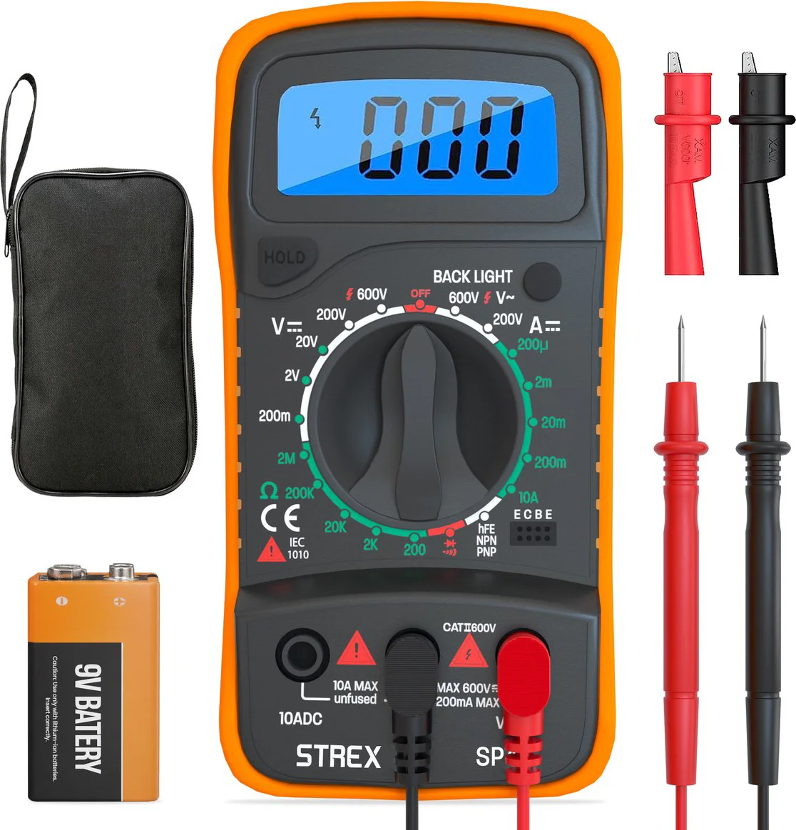 Strex Digitale Multimeter - AC / DC - Incl. 9V Batterij, Klemtangen & Opberghoes - Spanningsmeter