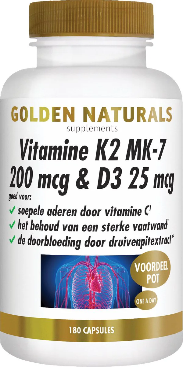 Golden Naturals Vitamine K2 200 mcg & D3 26mcg 180 vegacapsules