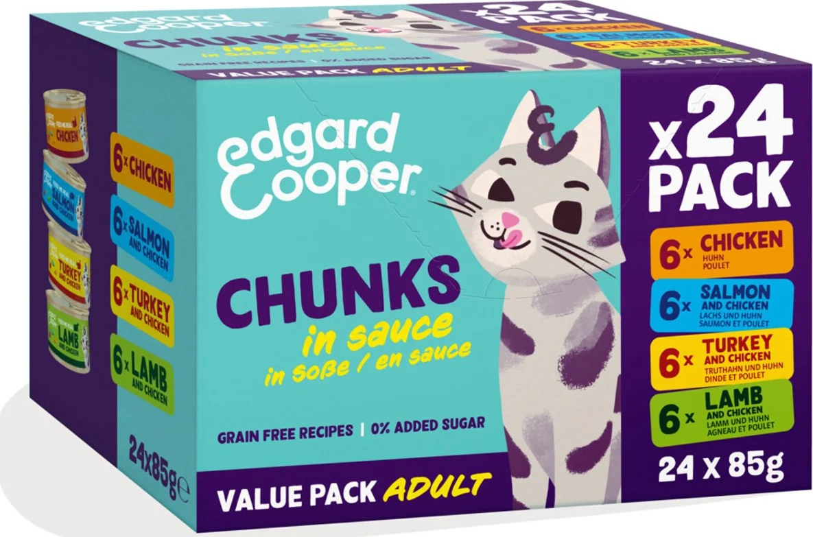 Edgard & Cooper Adult Chunks Kattenvoer Nat Kip & Zalm & Kalkoen & Lam 24 x 85 gr