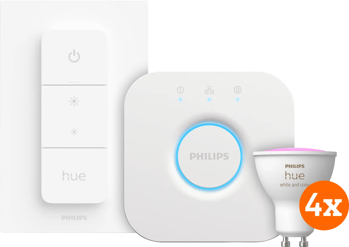 Philips Hue White and Color GU10 Starter Pack - 4 lampen + Bridge + Dimmer