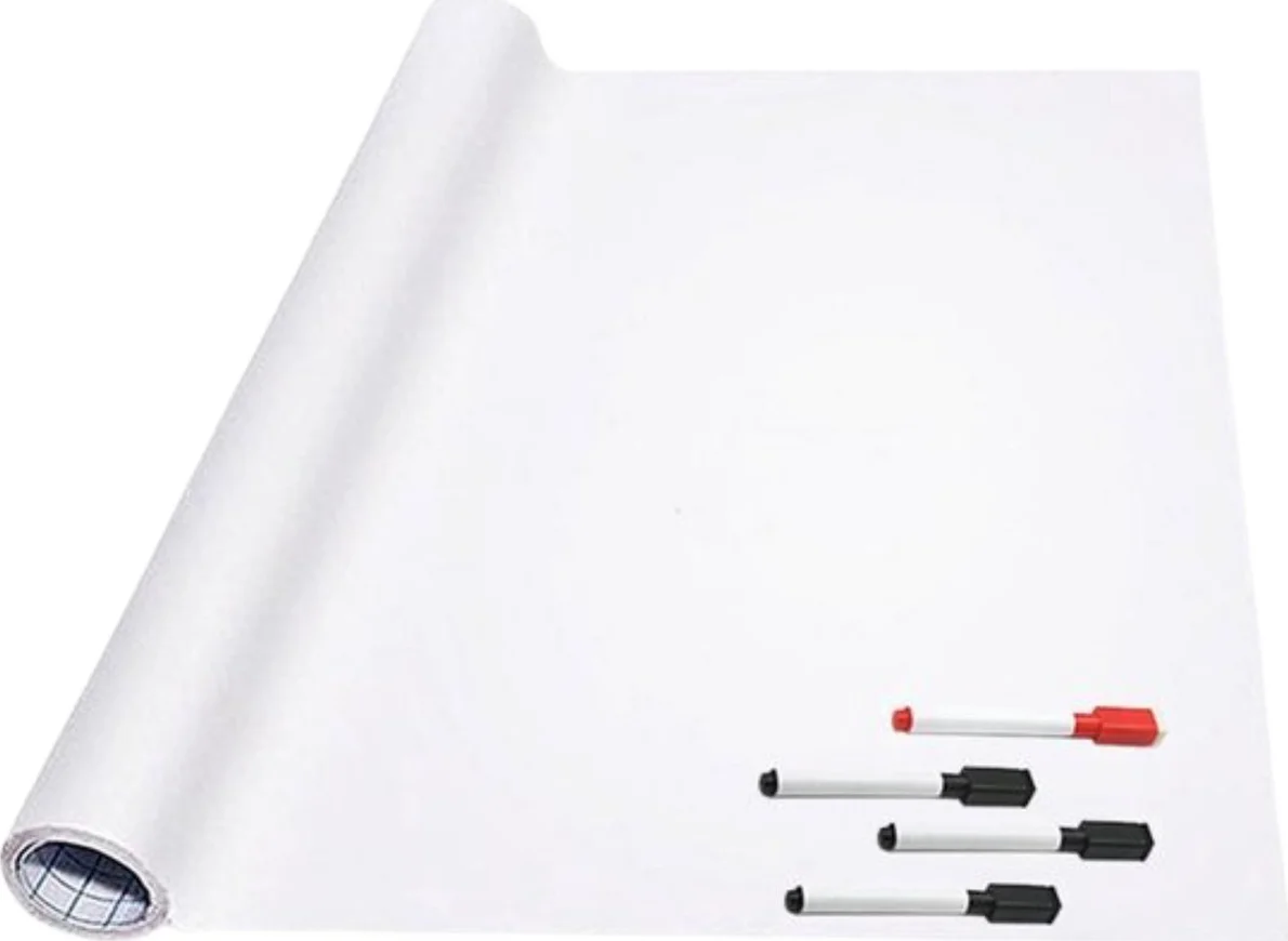 Whiteboard Folie XL Zelfklevend (200 x 60 cm) met 4 Stiften met Wisser - Whiteboard Sticker - Beschrijfbare Muursticker - Whiteboardsticker - Whiteboardfolie - Schoolbord Folie - Memobord Folie