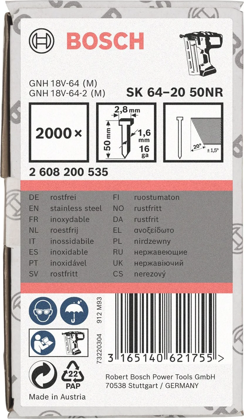 Bosch Professional Afwerknagel RVS 50mm 20° 16Ga VE=2000 - 2608200535