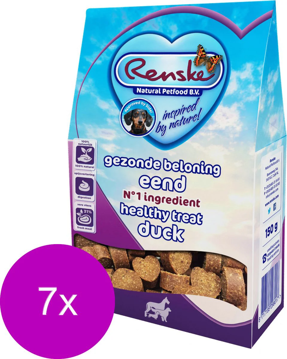 7x Renske Gezonde Beloning Hartjes Hondensnack Eend 150 gr