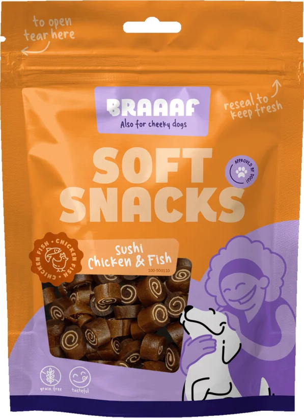 10x Braaaf Hondensnack Sushi Kip - Vis 85 gr