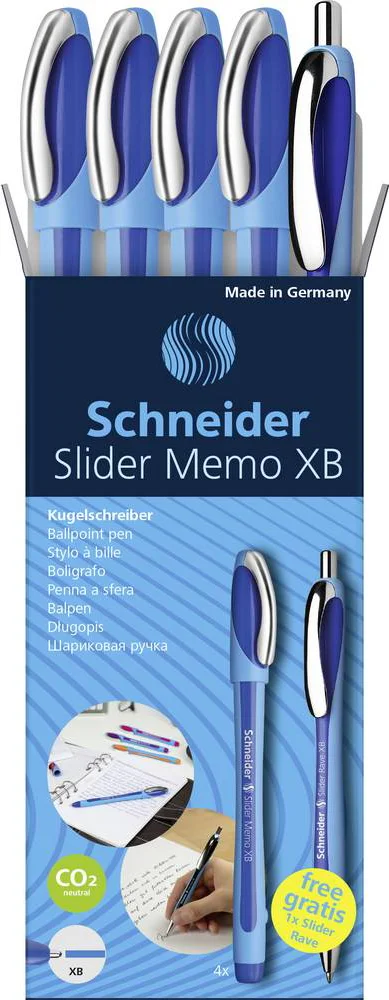 Schneider balpen - Slider Memo - penpunt XB 1,4mm - 4 stuks + 1x gratis - Slider Rave - S-150275