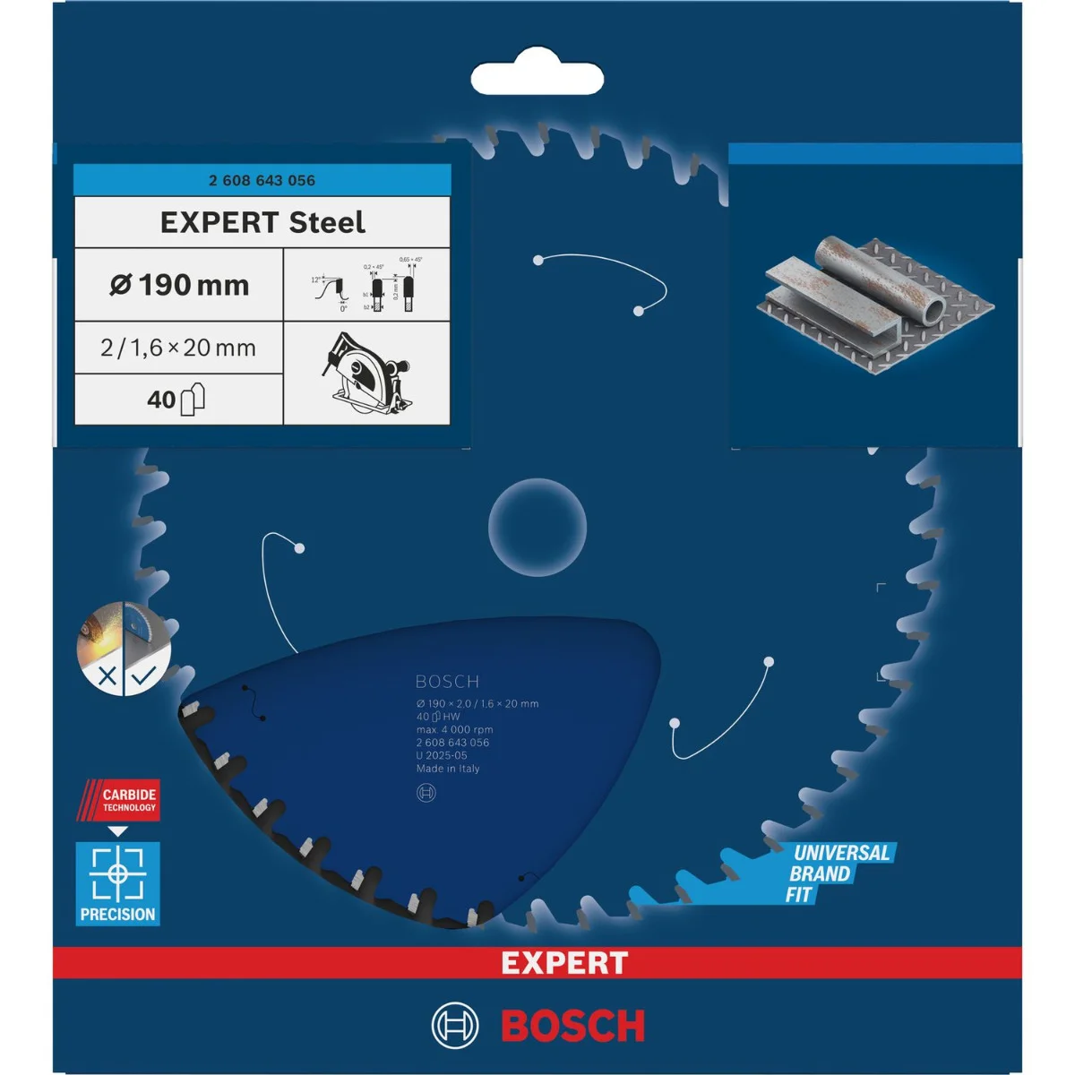 Bosch Professional Cirkelzaagblad EXPERT Steel | Ø 190 x 2,0 x 20mm 40T - 2608643056
