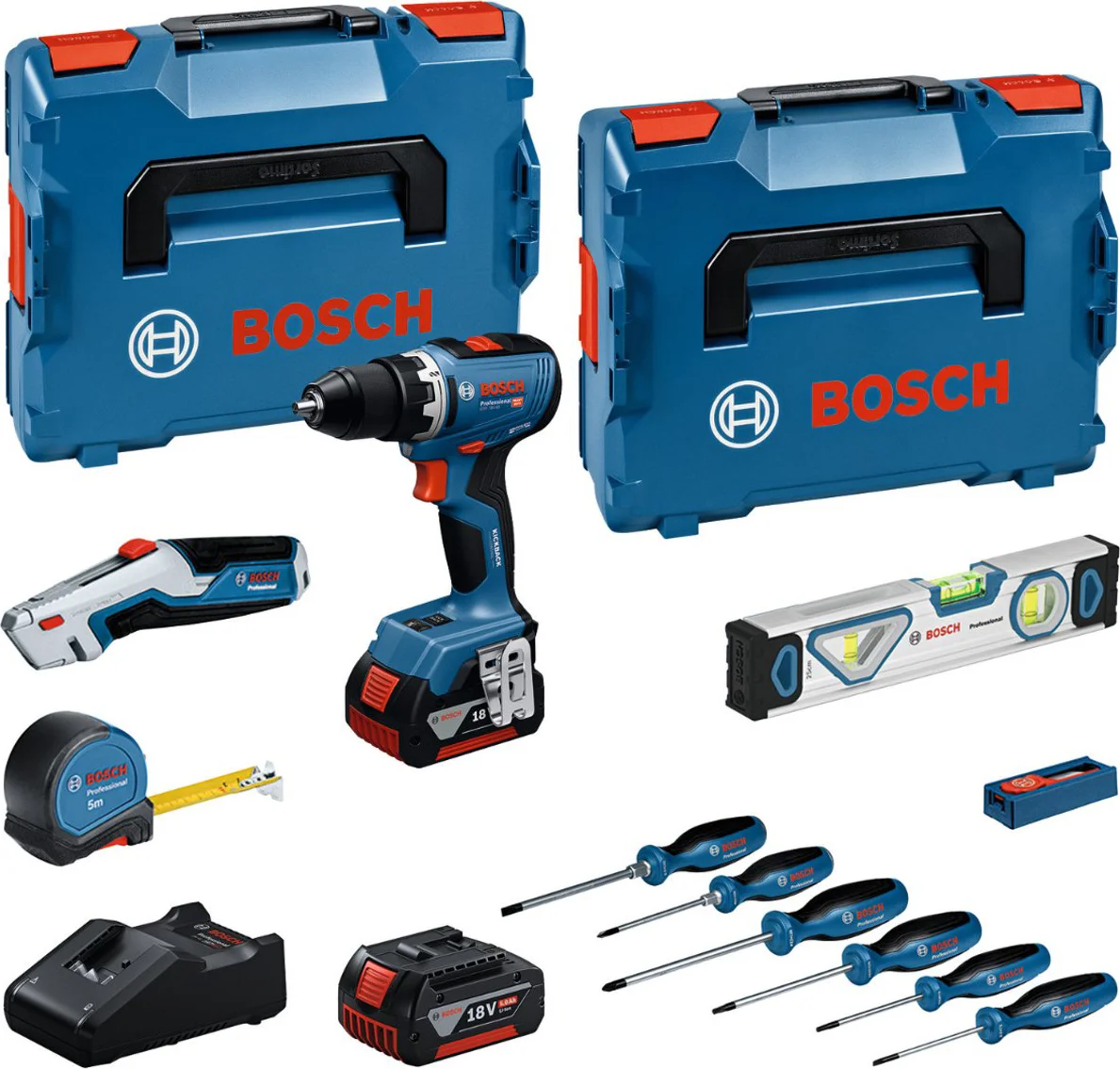 Bosch Professional GSR 18V-65 Accu schroefboormachine + handgereedschapsset 19-delig 18V 5.0Ah in L-Boxx - 0615A5007K