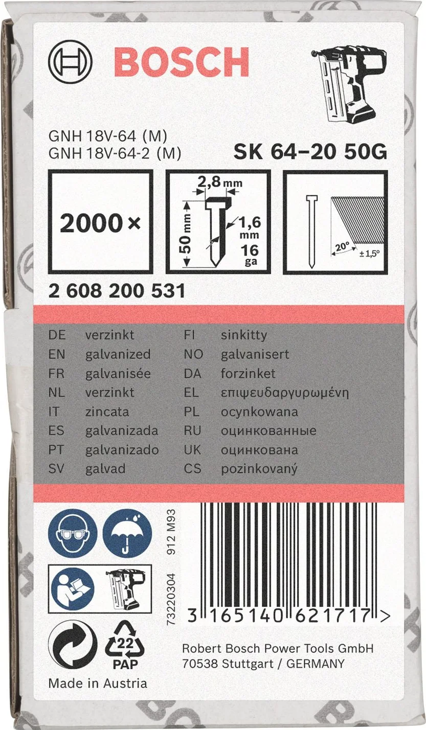 Bosch Professional Afwerknagel verzinkt 50mm 20° 16Ga VE=2000 - 2608200531