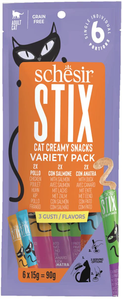 12x Schesir Kattensnack Stix Variatie-Pack 6 x 15 gr