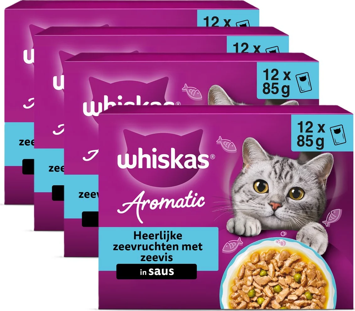 4x Whiskas Kattenvoer Nat Aromatic Adult 1+ Zeevruchten Selectie Multipack 12x85 gr
