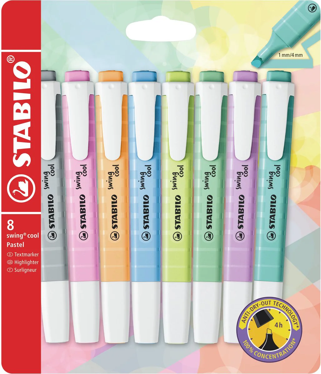 STABILO swing cool - Markeerstift - Perfect Voor Onderweg - Pastel - Etui Met 8 Kleuren