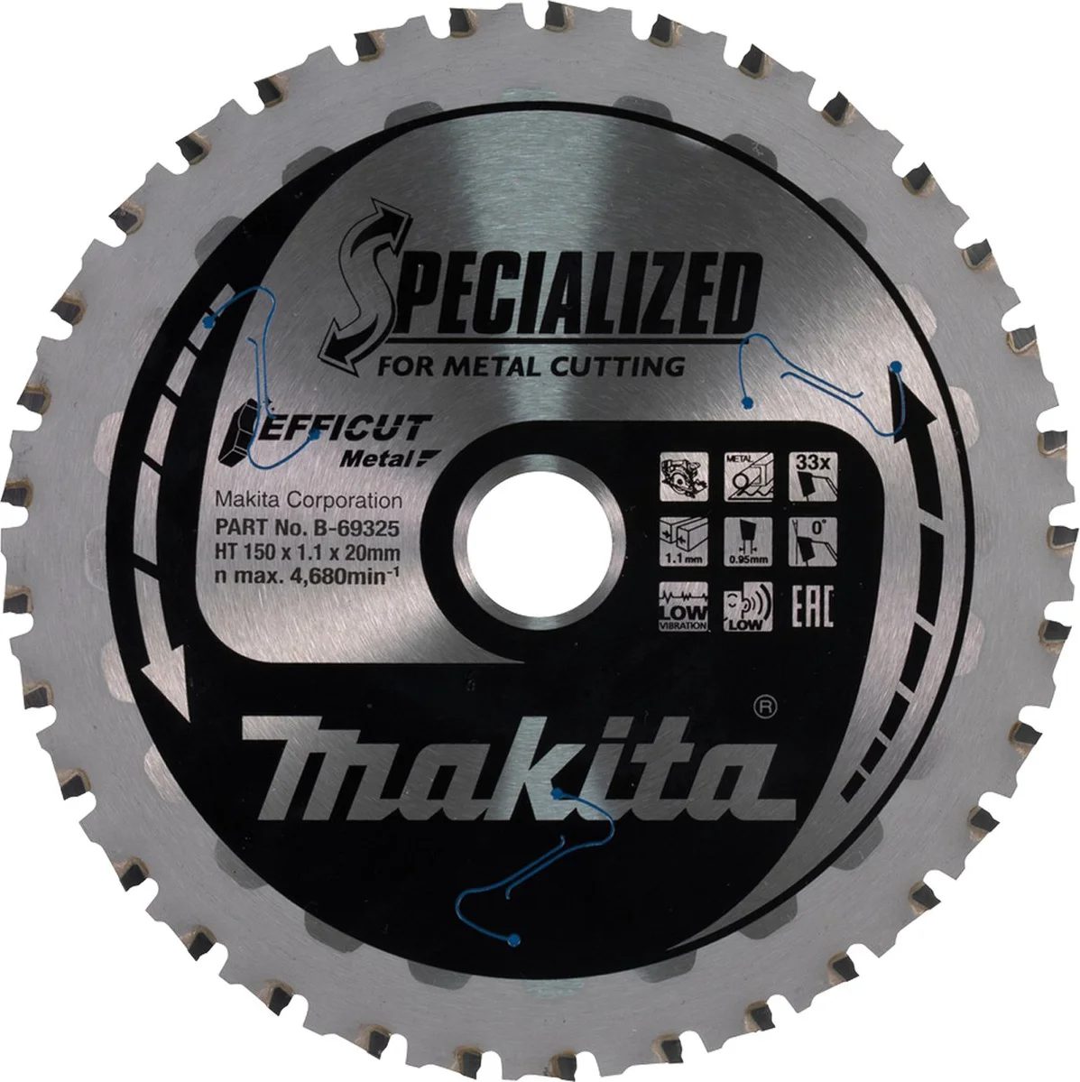 Makita B-69325 Cirkelzaagblad Staal | Efficut | 150 x 20 mm | 33-tands