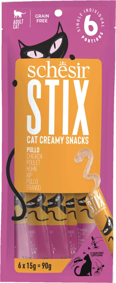 12x Schesir Kattensnack Stix Kip 6 x 15 gr