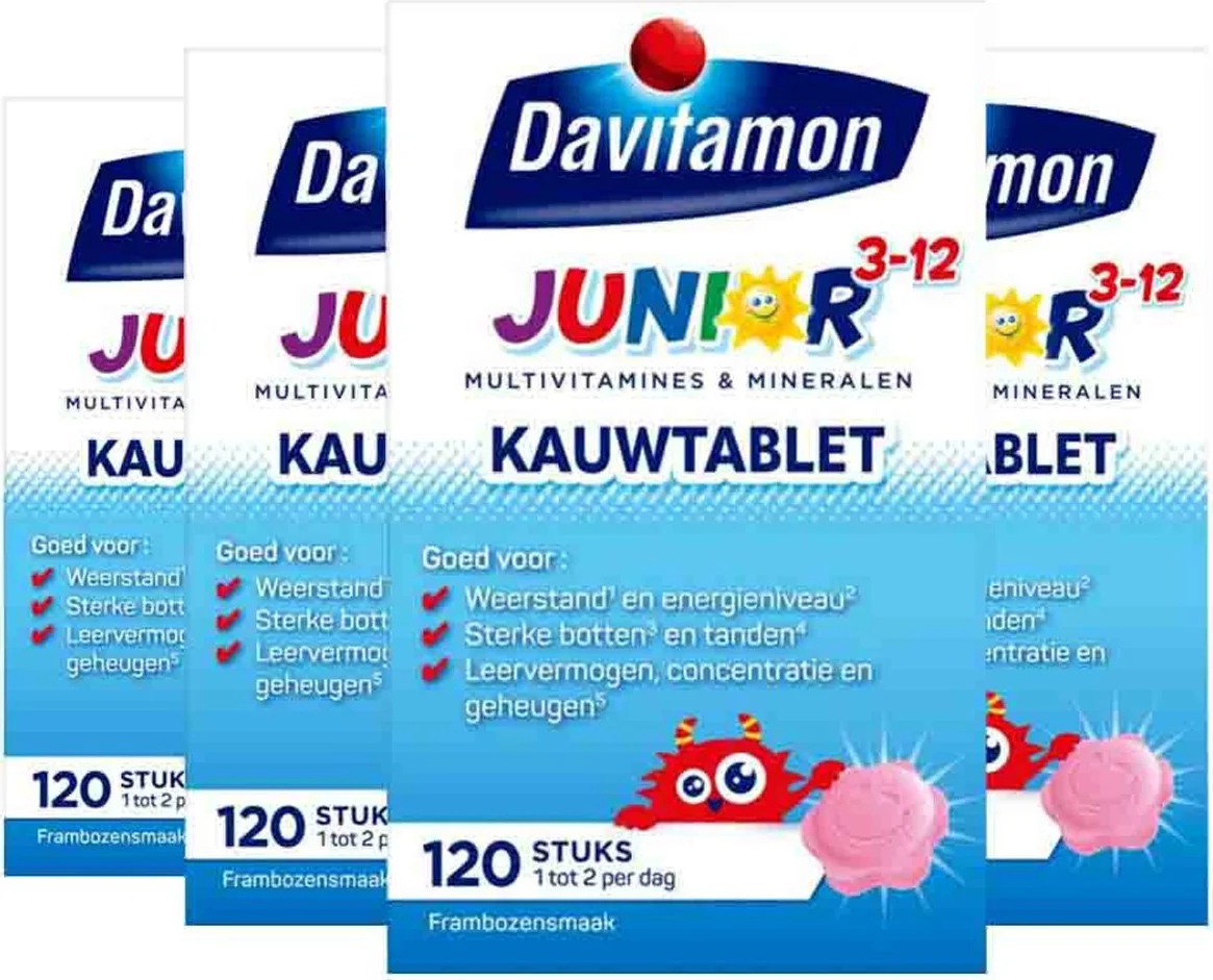 4x Davitamon Junior 3+ Kauwvitamines Framboos 120 kauwtabletten