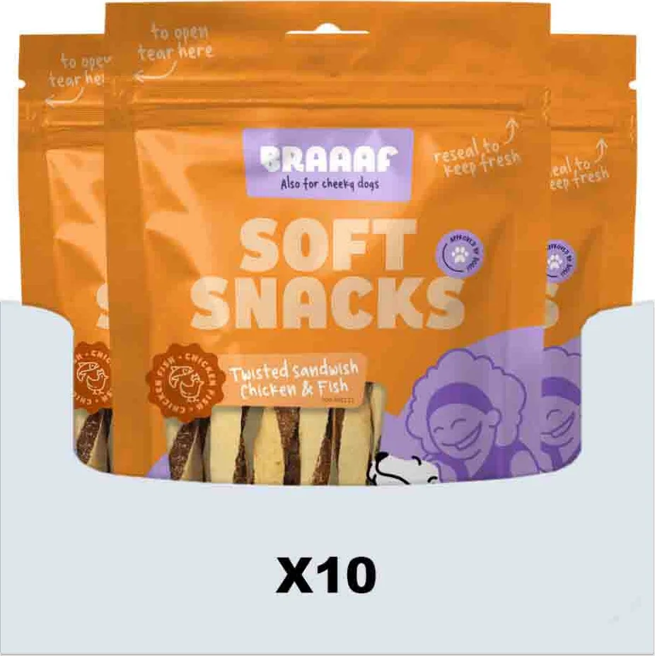 10x Braaaf Hondensnack Twisted Sandwich Kip - Vis 85 gr