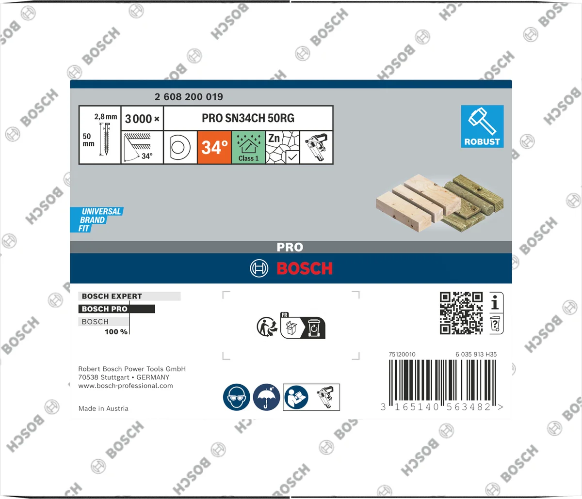 Bosch Professional PRO SN34CH D-kop nagel 65 mm | 34° | Geringd | Gegalvaniseerd | 2,8 x 7,0 (D-vorm) | 3000 stuks - 2608200020