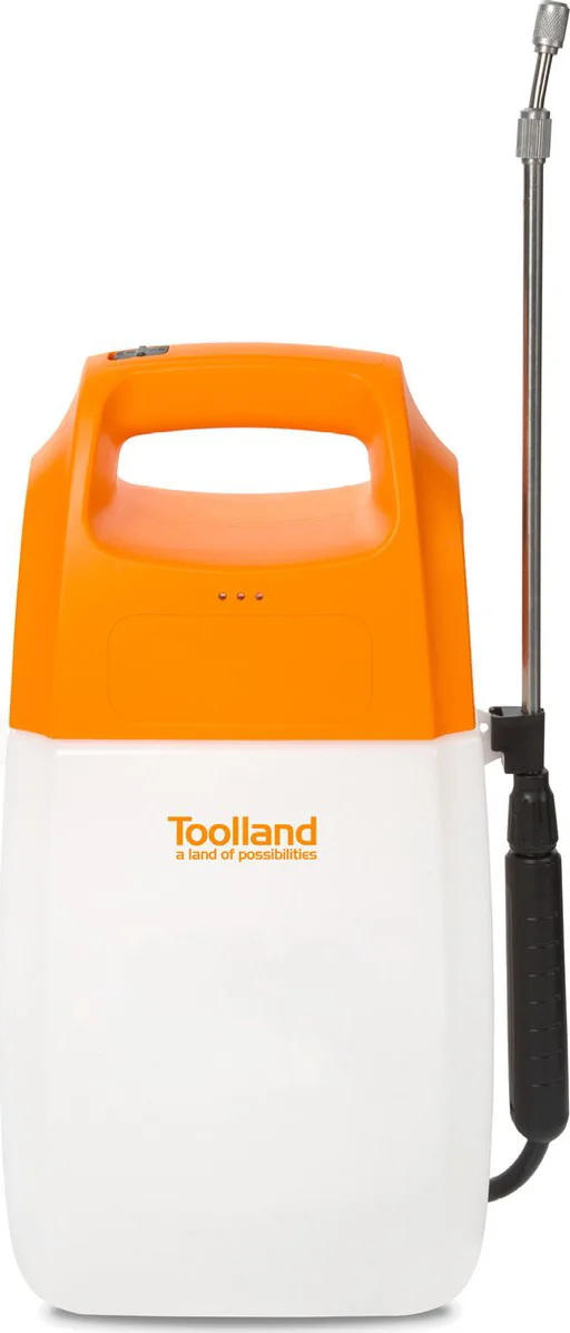 Toolland Drukspuit, elektrisch, herlaadbare batterij, telescopische lans, regelbare sproeikop, schouderriem, 6 liter, wit/oranje/zwart