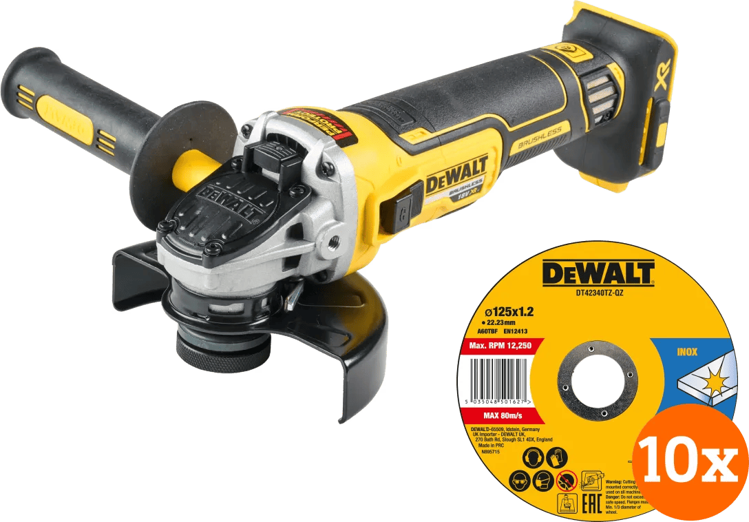 DeWalt DCG405NT-XJ (zonder accu) + DeWalt Doorslijpschijf INOX 125x1x22,2mm 10 stuks