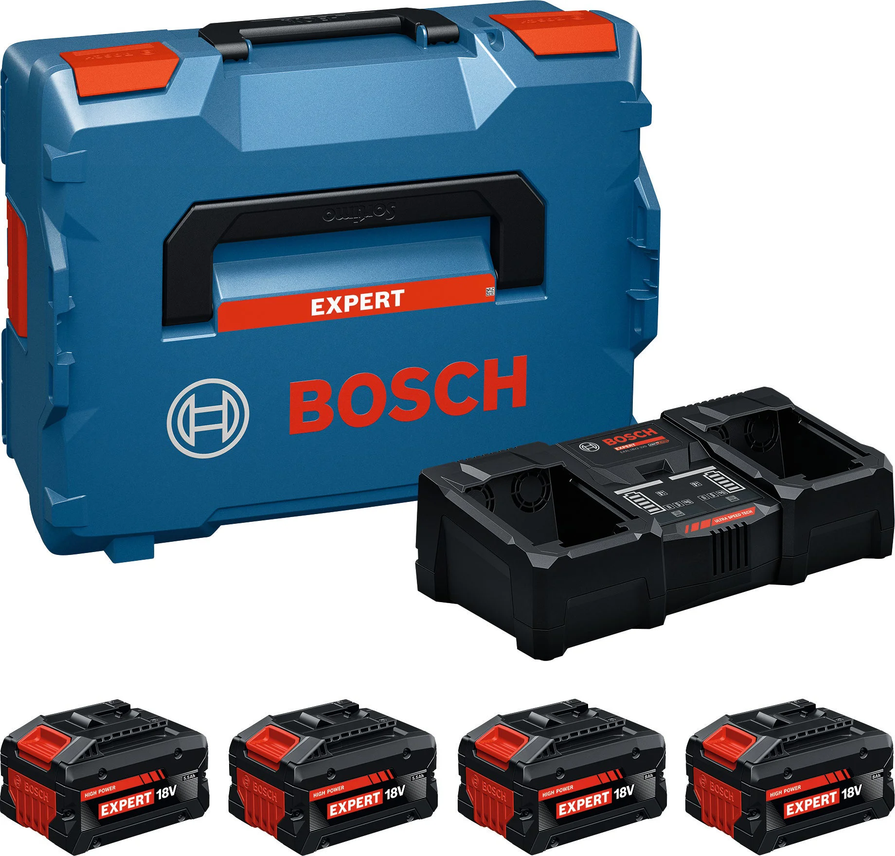 Bosch Professional EXPERT Accu starterset 2x EXBA 18V-55 + 2x EXBA 18V-80 + EXAL 18V2-320 in L-Boxx - 1600A0373Y