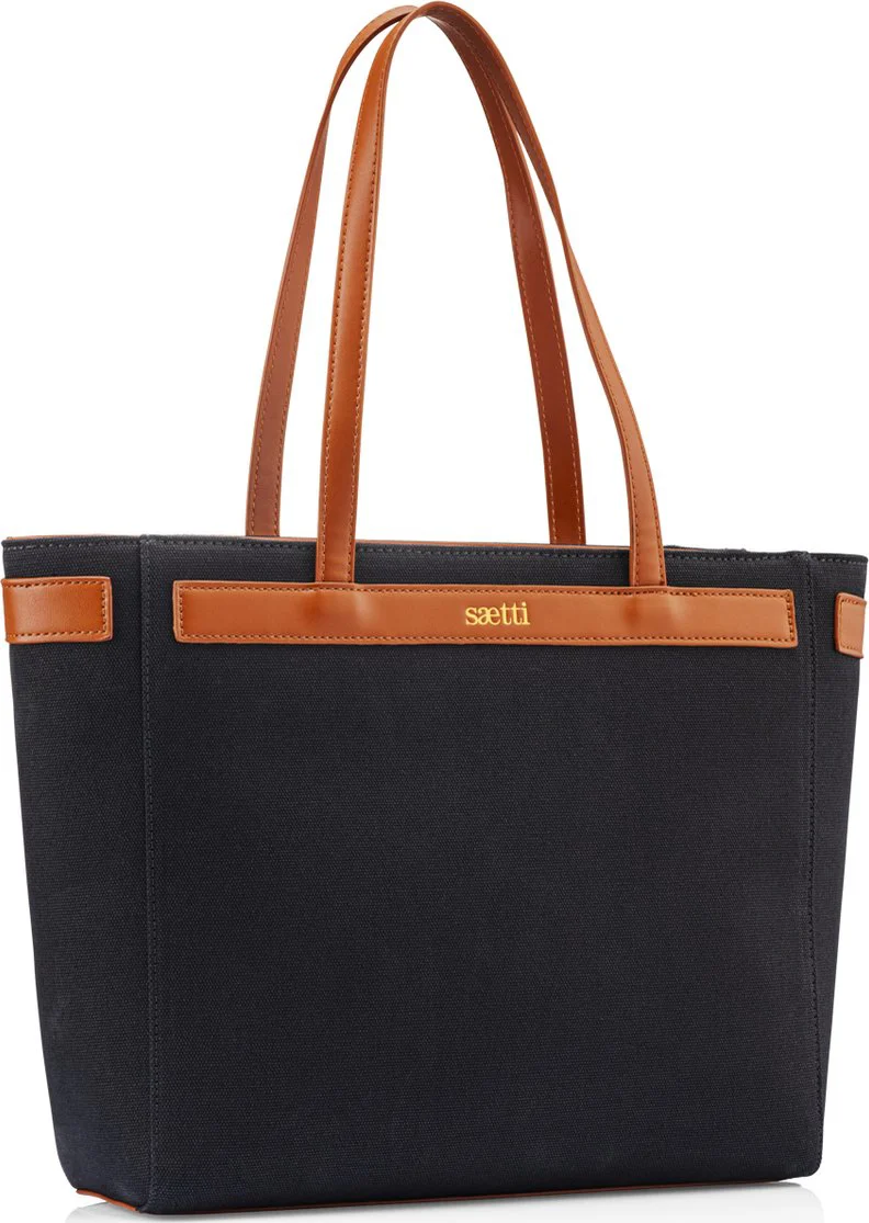 Saetti Tote Bag Shopper Tas - Dames Schoudertas Shopper Reistas - Sterk Canvas Tas met Rits - Zwart - Echt Leer