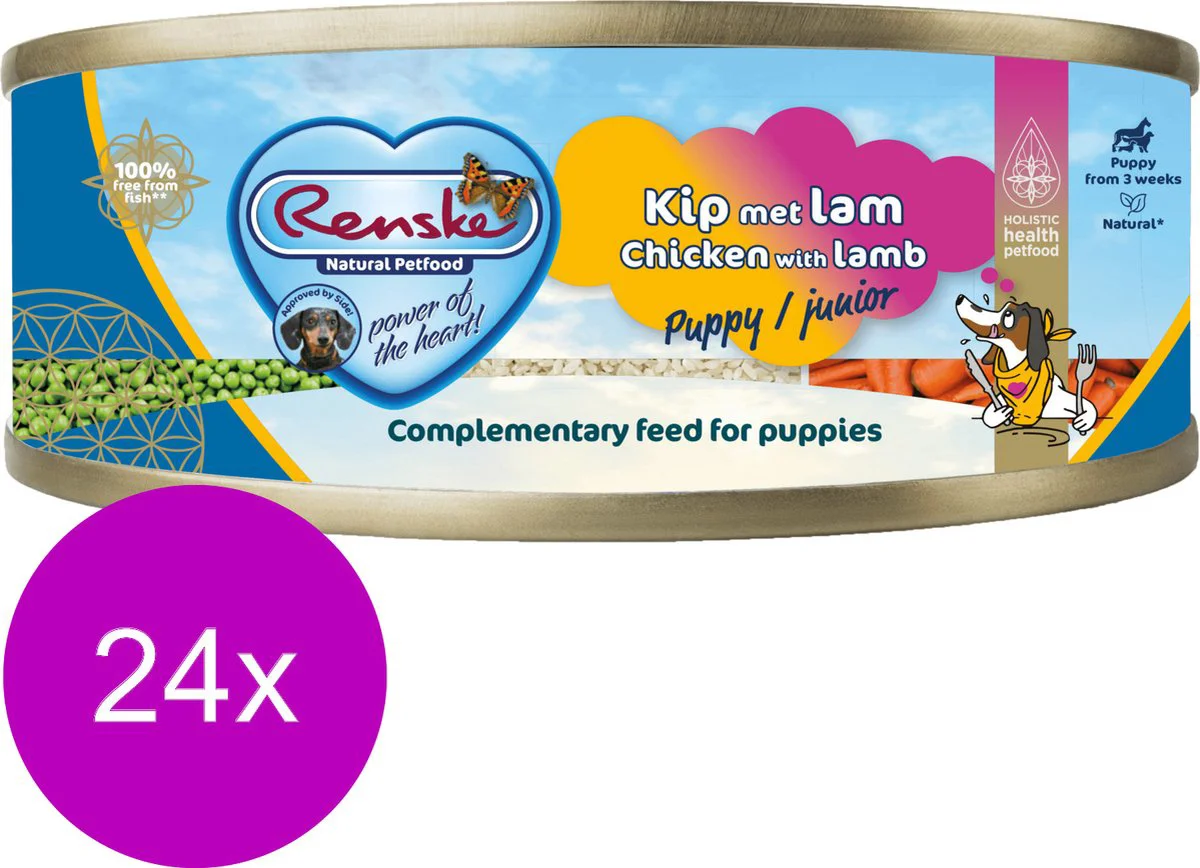 24x Renske Vers Gestoomd Complete Menu Hondenvoer Nat Puppy Kip - Lam 95 gr